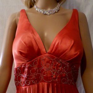 Orange Pleated Satin Style Dress Sequins Beads S-6